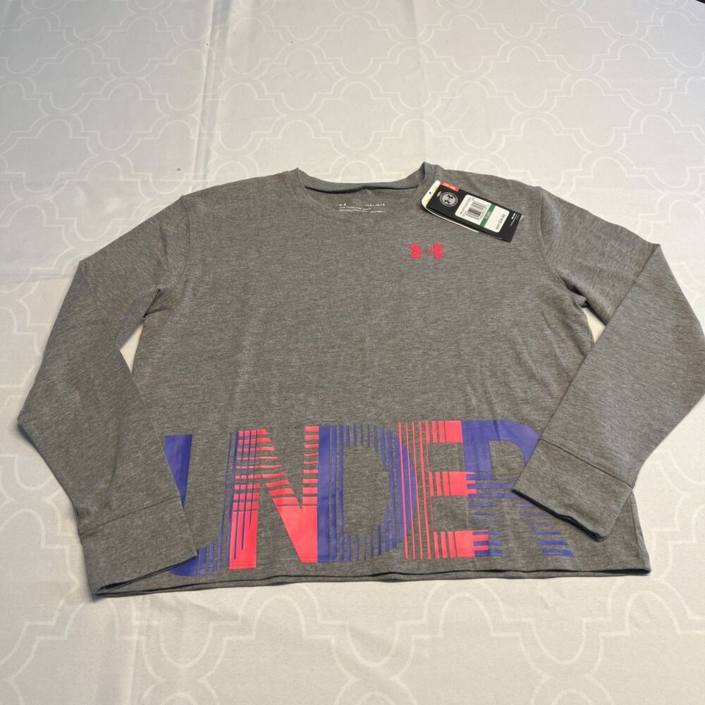Under Armour Girls UA Studio Wordmark Long Sleeve T-shirt Gray Youth Large NWT